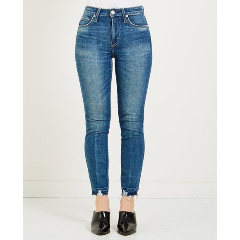 AMO Jeans Size 28 High Rise Stix Crop Rambler Made In USA Distressed Medium Blue - Picture 1 of 8